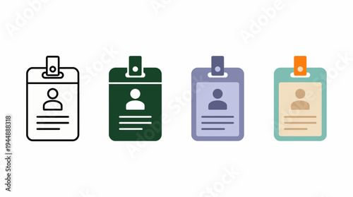 Set of manager identification card icons in various styles including outline and flat designs, concept for corporate security access, staff identity management and professional office branding