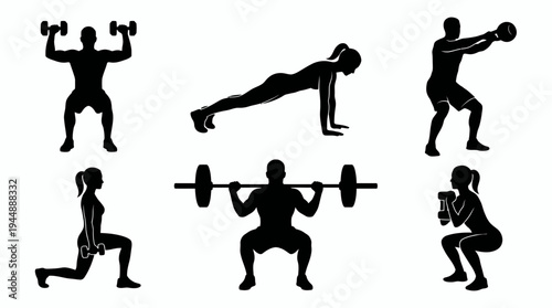 Silhouettes of executive managers and office workers performing strength training exercises with heavy weights, concept for corporate wellness, employee health and active lifestyle marketing