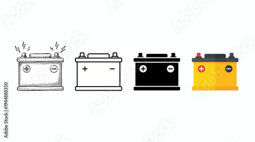 Set of car battery icons in sketch, outline, silhouette and flat styles isolated on white, concept for automotive maintenance, electrical energy infographic and professional vehicle repair