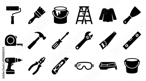 Collection of black hand tool icons and painting equipment silhouettes isolated on white background, concept for hardware store branding, DIY home repair and professional construction services