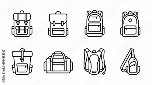 Set of minimalist outline icons featuring backpacks, rucksacks, duffel bag, hydration pack and sling bag on white background, concept for travel gear, outdoor equipment and digital interface