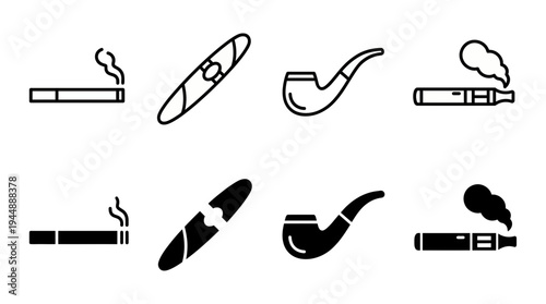 Collection of smoking icons featuring cigarette, cigar, pipe and vape in outline and solid styles, concept for health risk infographics, tobacco retail and addiction awareness