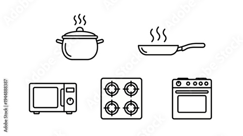 Minimalist line art icons of kitchen appliances including pot, frying pan, microwave, stove and oven on white background, concept for culinary app design, menu layout and home retail branding