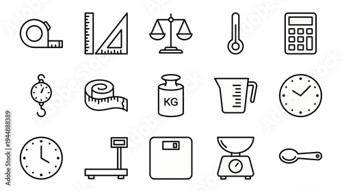Collection of measurement tools and instrument line icons including scales, ruler, thermometer and calculator, concept for educational material, industrial equipment and scientific research