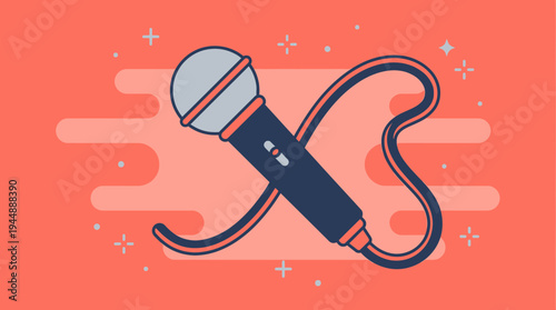 Professional dynamic microphone with cable illustration on vibrant orange background with abstract shapes and stars, concept for podcast recording, music broadcasting and live entertainment events
