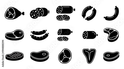 Black flat meat icons set including beef steaks, sausages, ham and salami slices isolated on white background, concept for butcher shop branding, restaurant menu and grocery store marketing