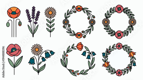 Minimalist collection of floral icons and botanical wreaths featuring poppy daisy lavender and bluebell, concept for wedding invitation botanical branding and organic logo design