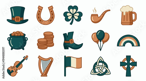 St Patricks Day flat icon set with green leprechaun hat horseshoe shamrock pot of gold coins beer mug and Irish symbols, concept for holiday celebration, seasonal event and festive design