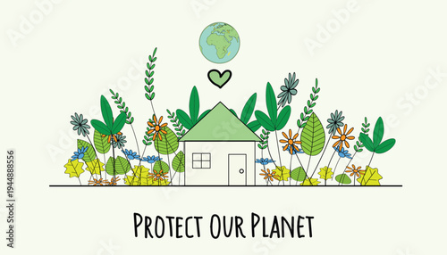 Green house surrounded by plants earth and heart planet