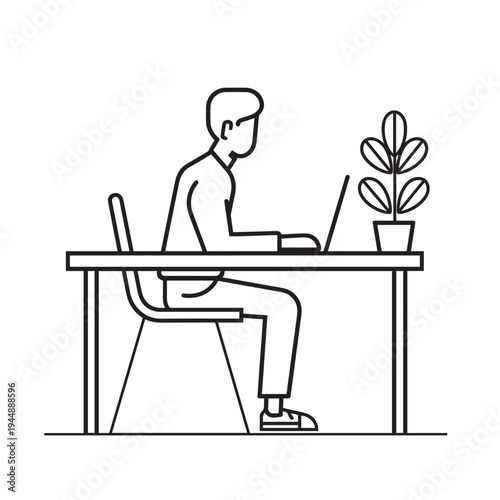 Man working on laptop computer at desk with plant, minimalist line art illustration, black and white, home office, remote work