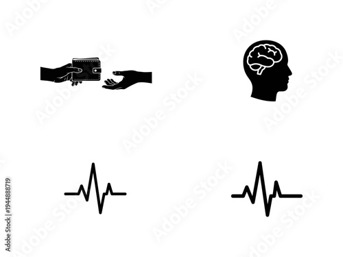 Silhouette of hands exchanging wallet brain and heartbeats head