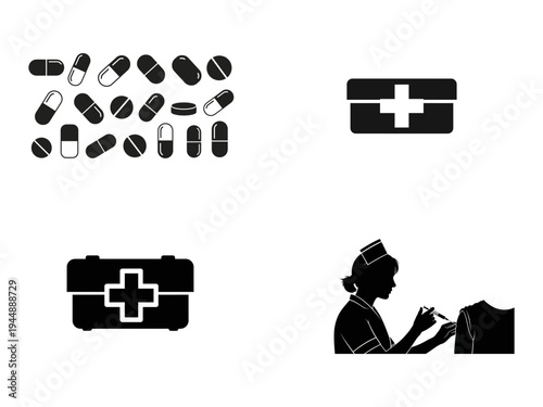 Medical Pills First Aid Kit and Nurse Vaccinating Patient Silhouette medicine capsules