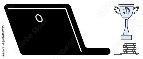 Digital achievement concept. Trophy and stacked coins highlight success in a digital setting. Digital achievement motivates competition, rewards, and online recognition. For business, education