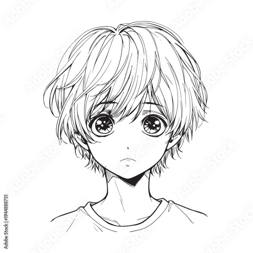 Sad anime boy with big eyes looking down, black and white manga illustration