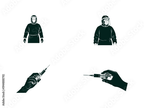 Medical worker in protective suit holding syringe and injection needle healthcare protective suit face shield