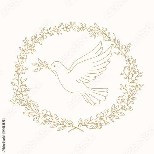 Gołąb pokoju z gałązką oliwną w złotym wianku kwiatowym — elegancka ilustracja wektorowa w stylu line art. Lecący biały gołąb otoczony okrągłą ramką z kwiatów i liści w kolorze złotym.