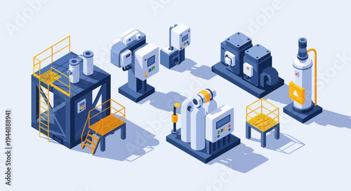 Isometric Industrial Machinery and Equipment for Manufacturing and Production.