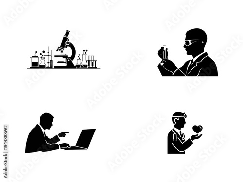 Scientist with microscope and test tubes doctor with heart and stethoscope person at laptop science laboratory