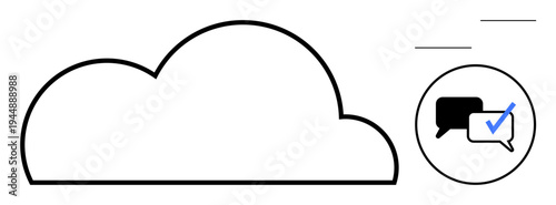 Minimalist cloud outline paired with chat icons and checkmark indicating message delivery or approval. Ideal for technology, communication, cloud services, messaging apps, connectivity, networking