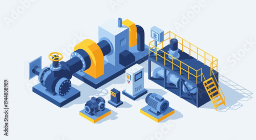 Isometric Industrial Machinery and Equipment for Manufacturing.