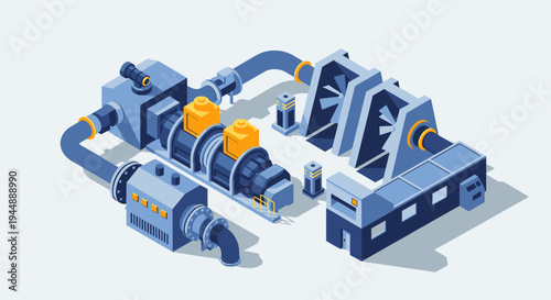 Isometric Industrial Machinery and Equipment Illustration.