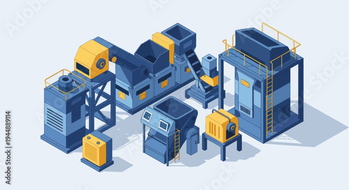 Isometric Industrial Machinery and Manufacturing Equipment Illustration.