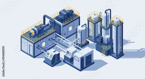 Isometric Industrial Machinery and Manufacturing Equipment Illustration.