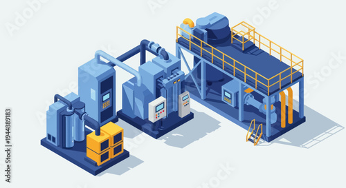 Isometric Industrial Machinery and Manufacturing Plant Illustration.