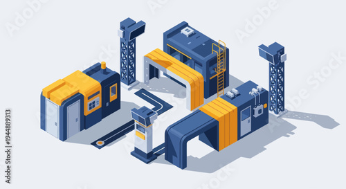 Isometric Industrial Machines and Equipment for Manufacturing and Production.