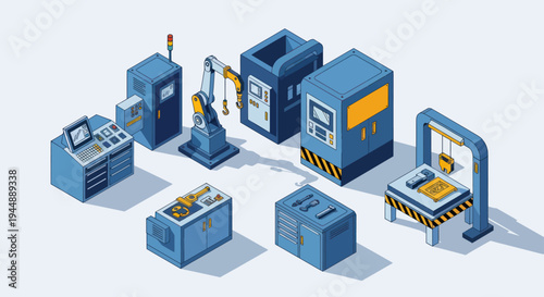 Isometric Industrial Machines and Robotic Arms for Manufacturing.
