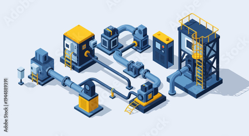 Isometric Industrial Pipeline System with Pumps and Tanks.
