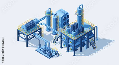 Isometric Industrial Plant with Blue Machinery and Pipes.
