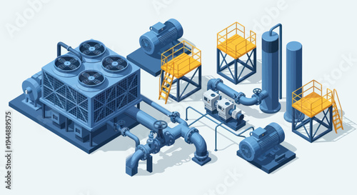 Isometric Industrial Plant with Cooling Towers and Pipelines.