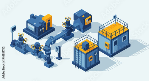 Isometric Industrial Plant with Pipes and Buildings.
