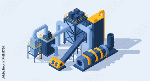 Isometric Industrial Plant with Pipes and Machinery.