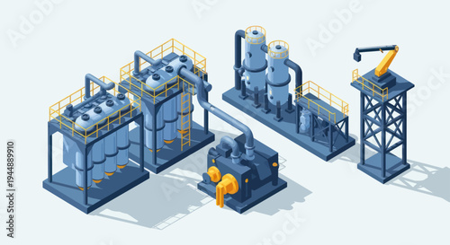 Isometric Industrial Plant with Various Production Units and Crane.
