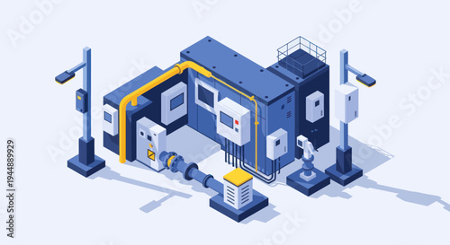 Isometric Industrial Power Plant with Control Panels and Energy Infrastructure.