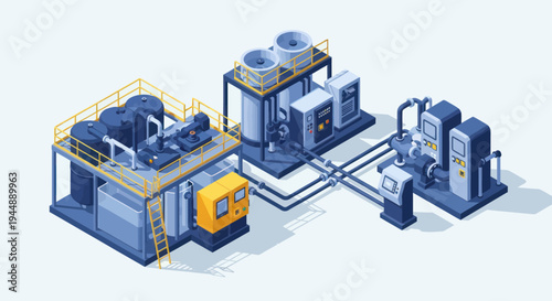 Isometric Industrial Power Plant with Cooling Towers and Fuel Pumps.