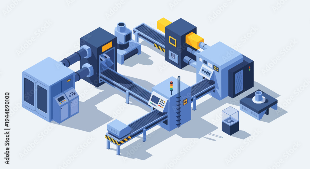 Obraz premium Isometric Industrial Production Line with Automated Machinery and Conveyor Belts.