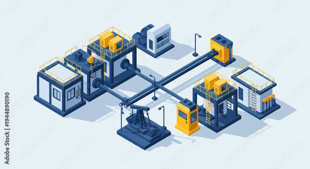 Obraz premium Isometric Industrial Production Line with Automated Machinery and Conveyor System.