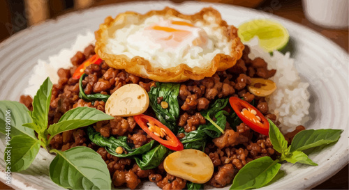 Flavorful Dish: A culinary masterpiece with a fried egg and fresh garnish, embodying the rich flavors and vibrant colors of the traditional cuisine.