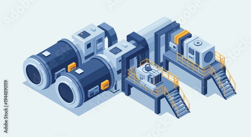 Isometric Industrial Production Line with Automated Machinery and Conveyor Belts.