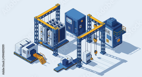 Isometric Industrial Production Line with Automated Machinery and Robotic Arms.