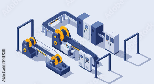 Isometric Industrial Production Line with Robotic Arms and Conveyor Belts.
