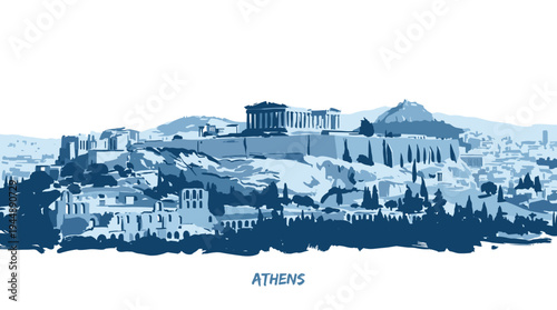 A stylized illustration of the Acropolis in Athens, Greece, with the Parthenon prominently featured atop the hill.