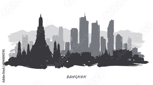 A striking black and white silhouette of the Bangkok skyline, featuring iconic temples and modern skyscrapers against a hazy mountain backdrop.