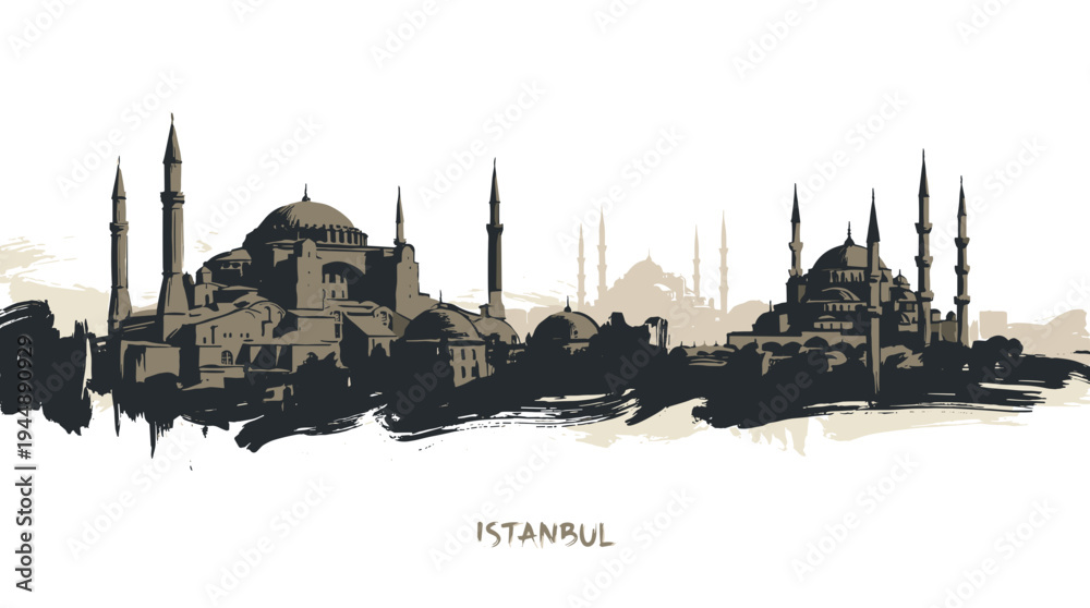 Fototapeta premium A stylized silhouette of the iconic Istanbul skyline, featuring the Hagia Sophia and Blue Mosque, rendered in a sepia tone.
