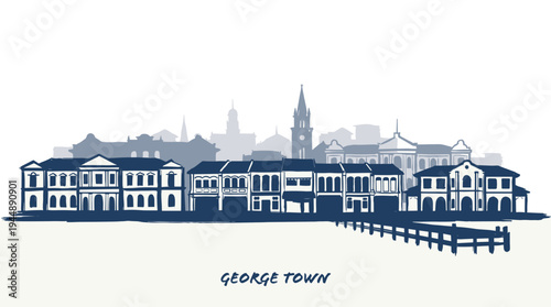 A silhouette of George Town's historic waterfront architecture, featuring traditional shophouses and a pier.