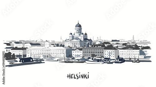 A detailed black and white sketch of the Helsinki cityscape, showcasing the Helsinki Cathedral and surrounding buildings along the waterfront.