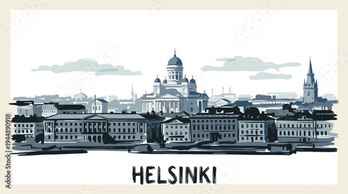 A monochromatic illustration of the Helsinki skyline featuring prominent buildings and a waterfront.